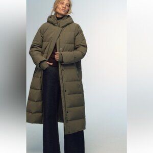 NWT ZARA WATER AND WIND PROTECTION LONGLINE HOODED DOWN JACKET OLIVE GREEN Sz XS